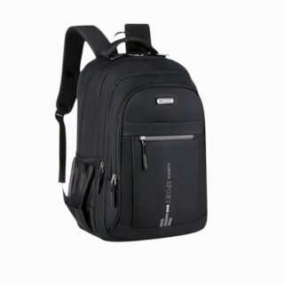 Cartable sac à dos noir pour enfant avec touches colorées, multi-poches et bretelles rembourrées, vu de face.