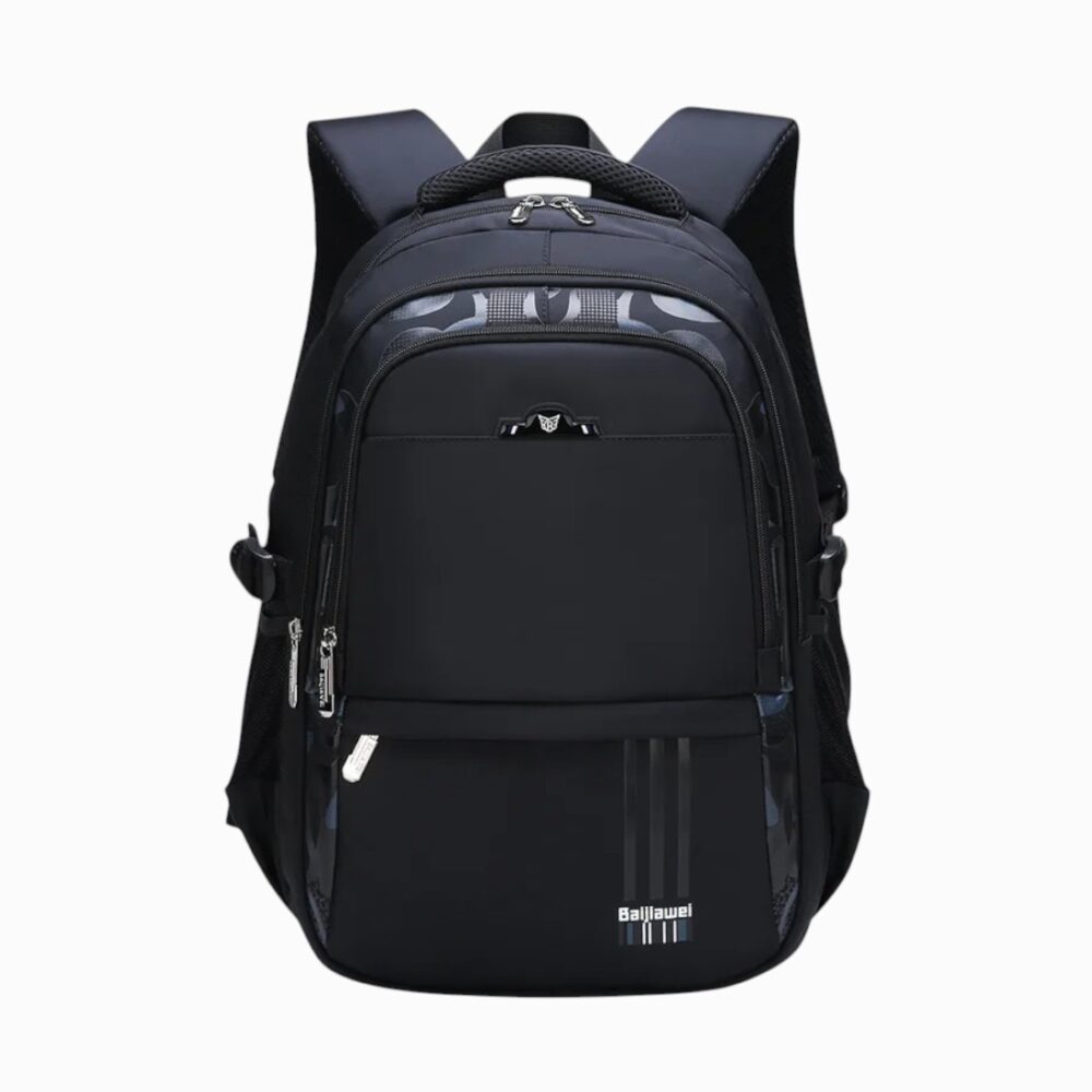 Cartable scolaire pour enfant noir avec détails colorés, grand sac à dos ergonomique, vu de face, avec bretelles rembourrées et multiples compartiments.