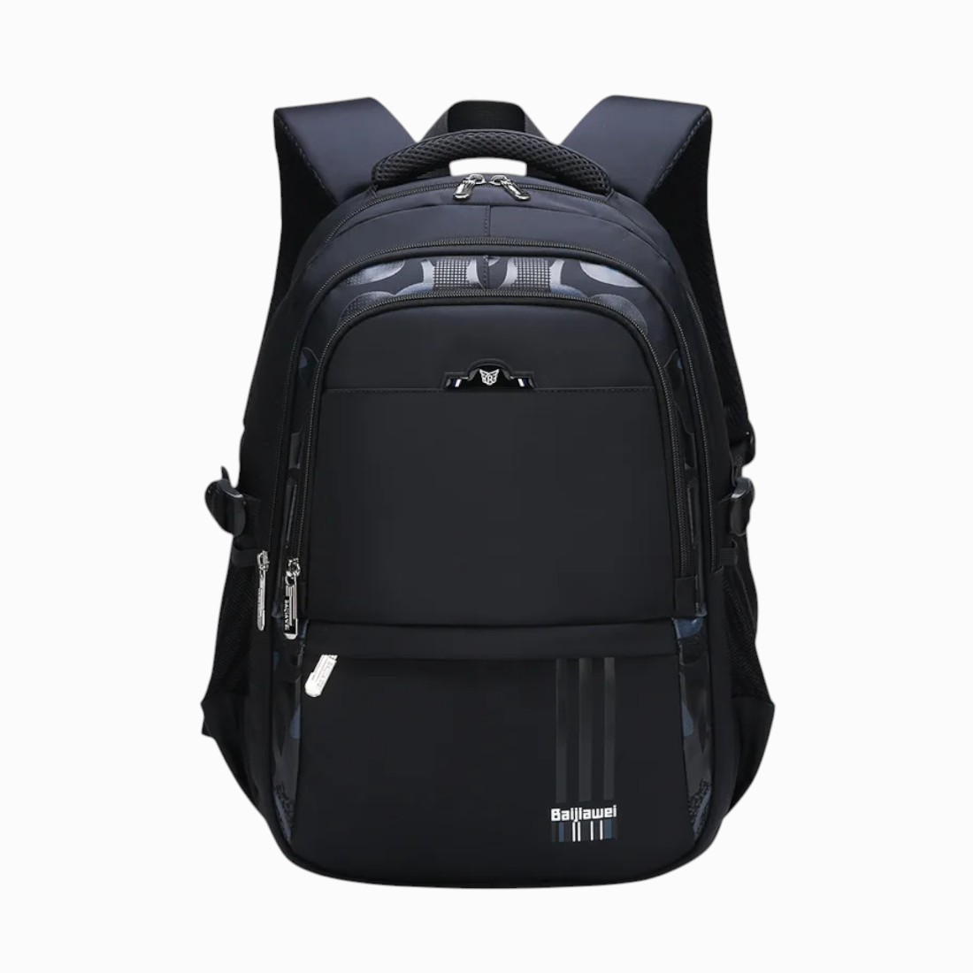 Cartable scolaire pour enfant noir avec détails colorés, grand sac à dos ergonomique, vu de face, avec bretelles rembourrées et multiples compartiments.