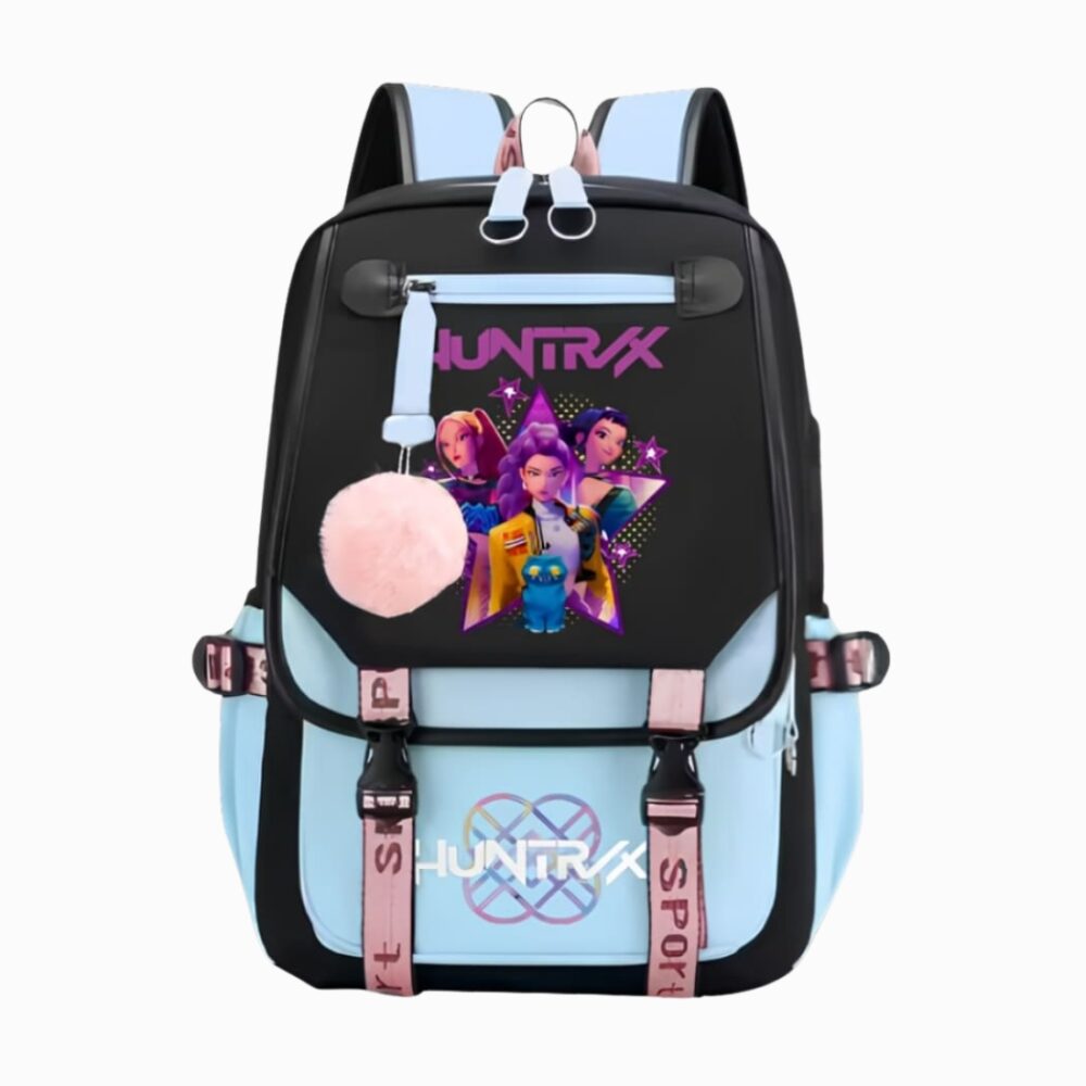 Cartable Kpop Demon Hunters bleu à pompon, sur fond gris