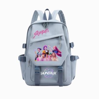 Cartable Kpop Demon Hunters de couleur bleue, sur fond gris