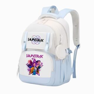 Cartable Kpop Demon Hunters bleu et blanc à bretelles rembourrées, sur fond gris