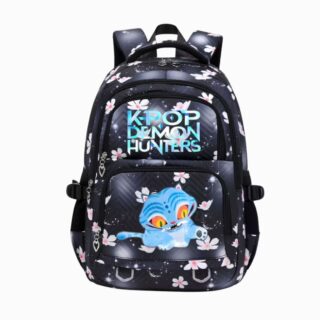 Cartable Kpop Demon Hunters noir avec le dessin de Derpy, sur fond gris