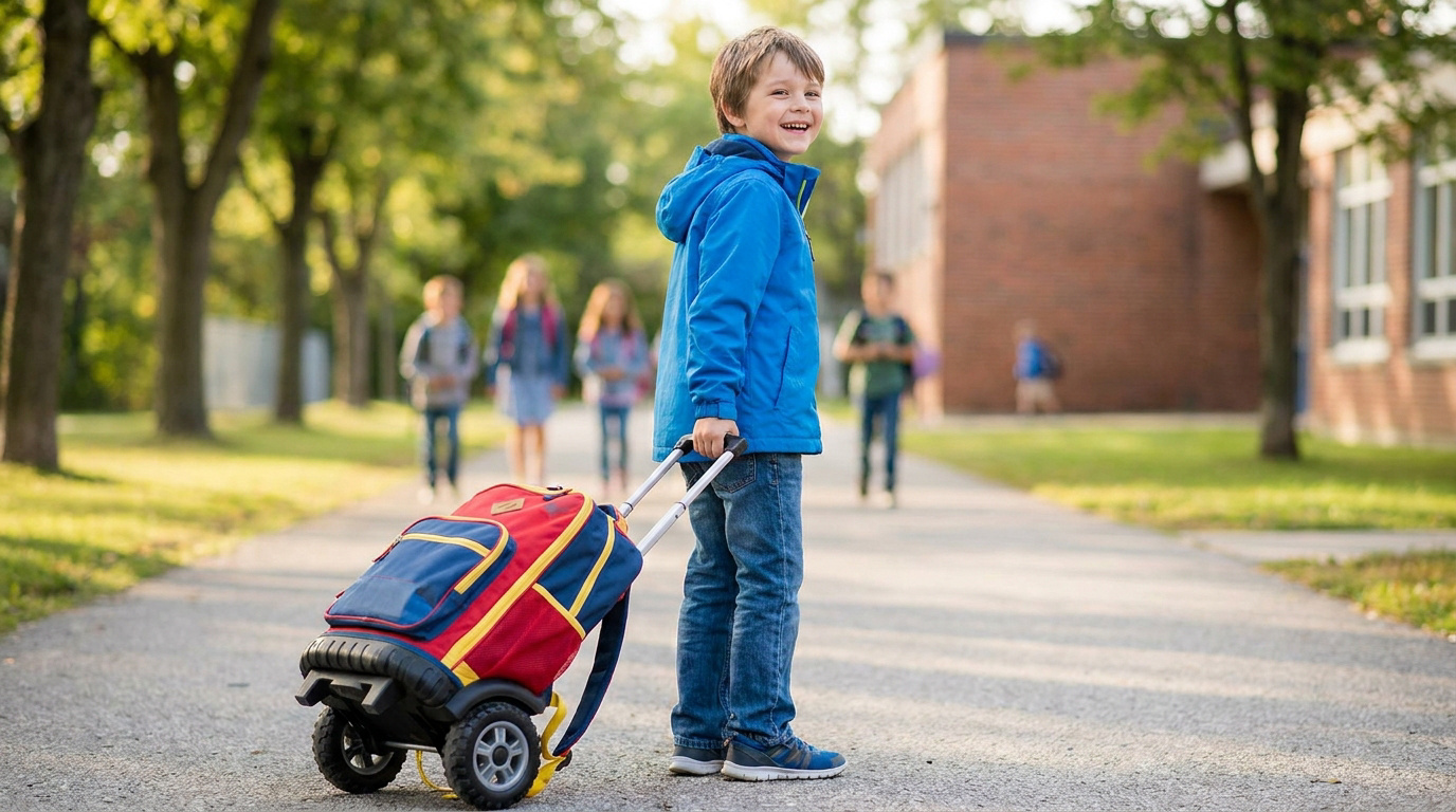 Cartable à roulettes : pour qui, pour quel usage ? Conseils & Guides 78absbx9 enfant joyeux avec son sac a roulettes