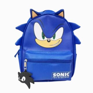Un cartable Sonic avec piques en 3D bleu, avec le visage de Sonic, des oreilles et une petite poche zippée à l’avant.