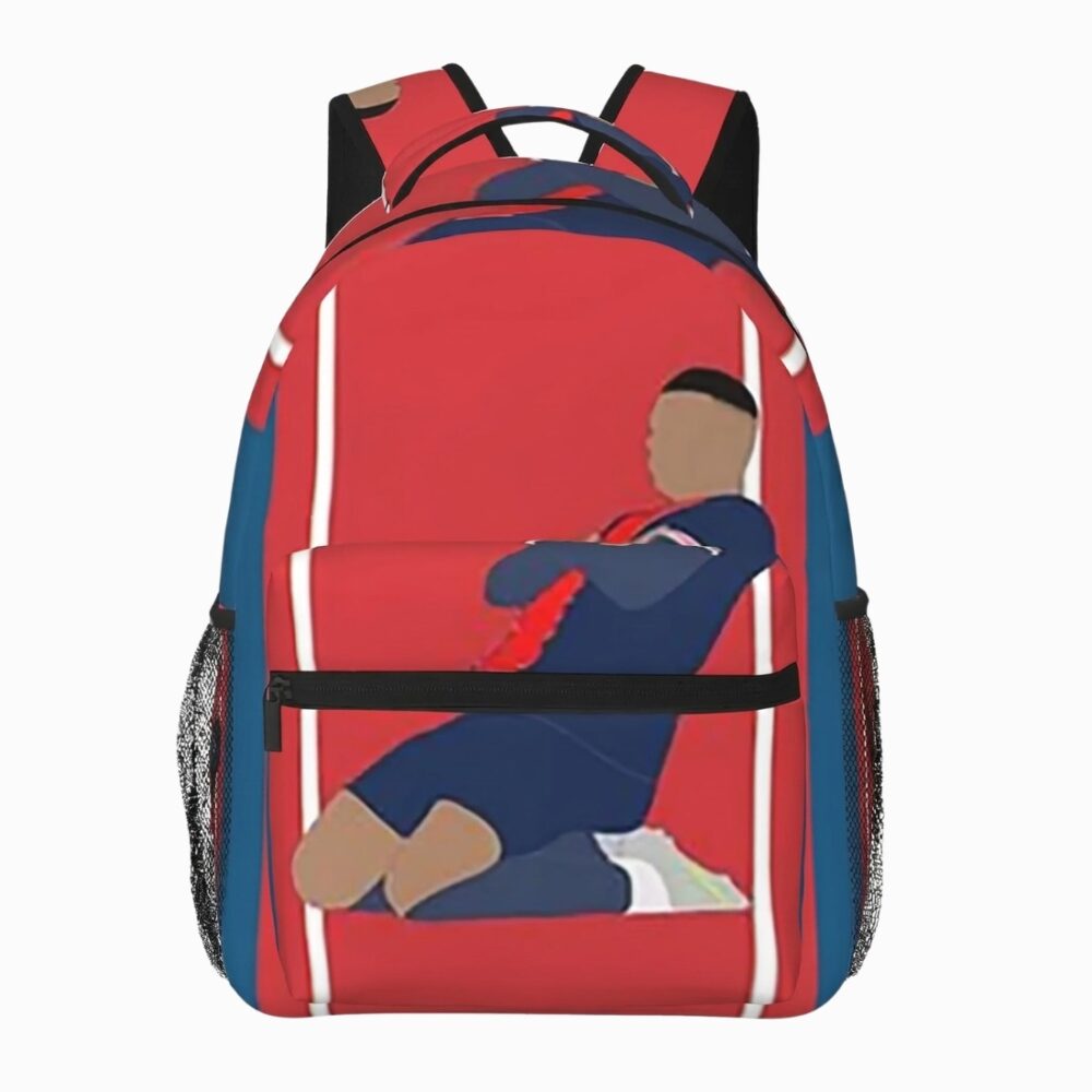 Un cartable football Kylian Mbappé au PSG rouge et bleu, avec une image du footballeur en train de célébrer, vu de face sur fond blanc.