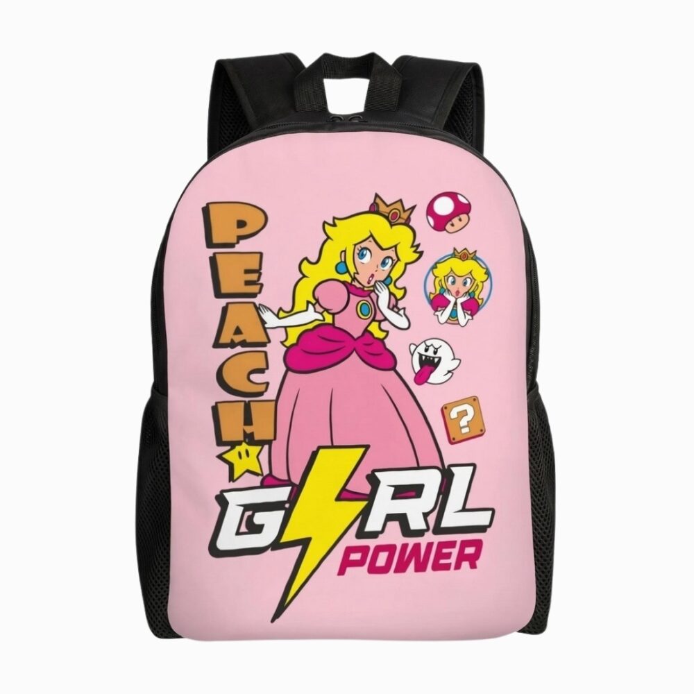 Un cartable Mario Peach girl power rose avec Princess Peach, des motifs de champignon et d’étoile, sur fond blanc.