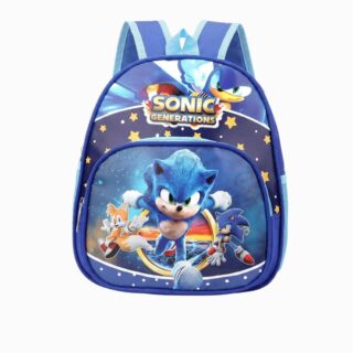 Un cartable Sonic bleu maternelle avec Sonic et Tails sur le devant, aux couleurs bleu et jaune, posé sur fond blanc.