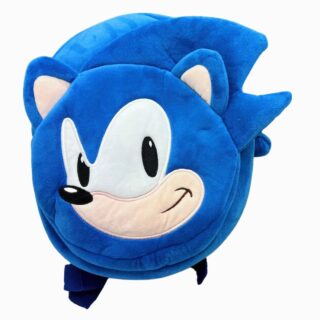 Un cartable Sonic en peluche pour maternelle bleu, avec le visage du hérisson Sonic, posé sur fond blanc.