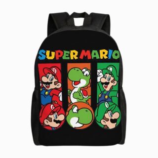 Un cartable Super Mario avec Luigi et Yoshi noir, décoré de Mario, Luigi et Yoshi en couleurs vives, avec des bretelles pour le porter à l’école.