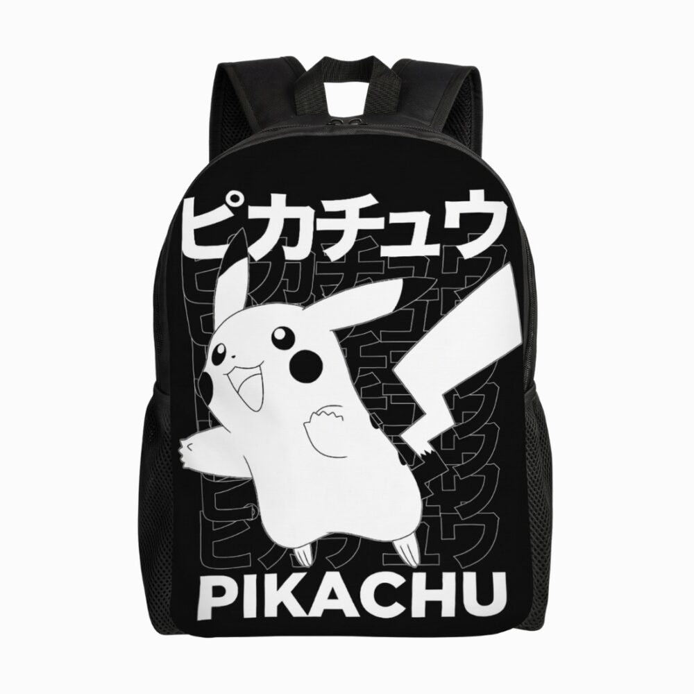Un cartable Pokémon Pikachu noir et blanc avec un grand Pikachu blanc sur fond noir, aux bretelles rembourrées, simple et pratique pour l’école.