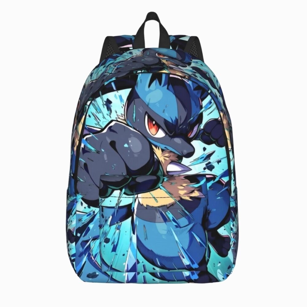 Un cartable Pokémon Lucario bleu avec un grand dessin de Lucario en position de combat, sur fond clair.