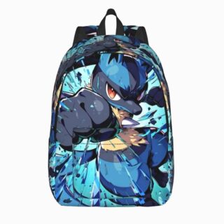 Un cartable Pokémon Lucario bleu avec un grand dessin de Lucario en position de combat, sur fond clair.