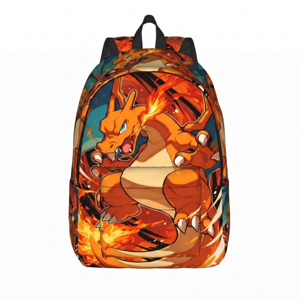 Un cartable Pokémon Dracaufeu orange avec un grand dessin du dragon de feu, sur fond blanc.