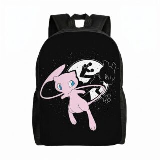 Un cartable Pokémon Mew et Mewtwo noir, avec Mew rose et Mewtwo noir imprimés sur le devant, sur fond sombre étoilé.