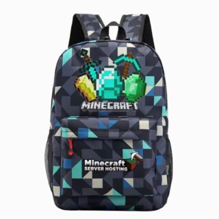 Un cartable Minecraft à motifs géométriques noir et bleu, avec un grand dessin de diamants et d’outils pixelisés, sur fond blanc.