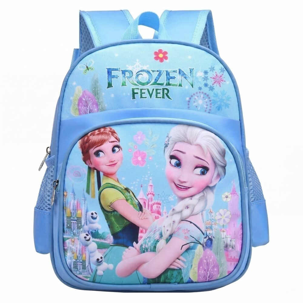 Un cartable Reine des Neiges Elsa et Anna bleu, avec Elsa et Anna imprimées sur le devant et des bretelles rembourrées.