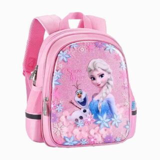 Un cartable Reine des Neiges Elsa et Olaf rose, avec Elsa et Olaf sur le devant et des motifs de fleurs bleues et roses.