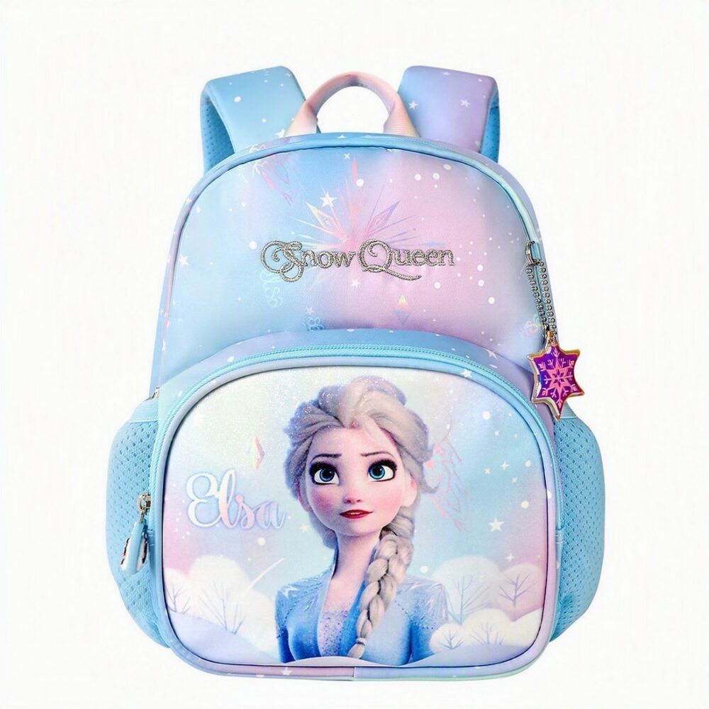 Un cartable respirant Reine des Neiges Elsa bleu et rose avec l’image d’Elsa, des étoiles et un petit porte-clés en forme de flocon.
