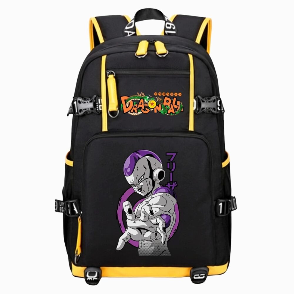 Un cartable Dragon Ball Z Freezer noir et jaune avec le personnage Freezer imprimé sur le devant, posé sur fond blanc.