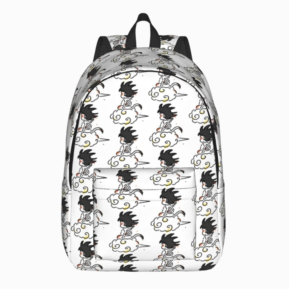 Un cartable Dragon Ball Goku sur son nuage magique blanc avec des motifs répétés de Goku sur son nuage, vu de face sur fond blanc.