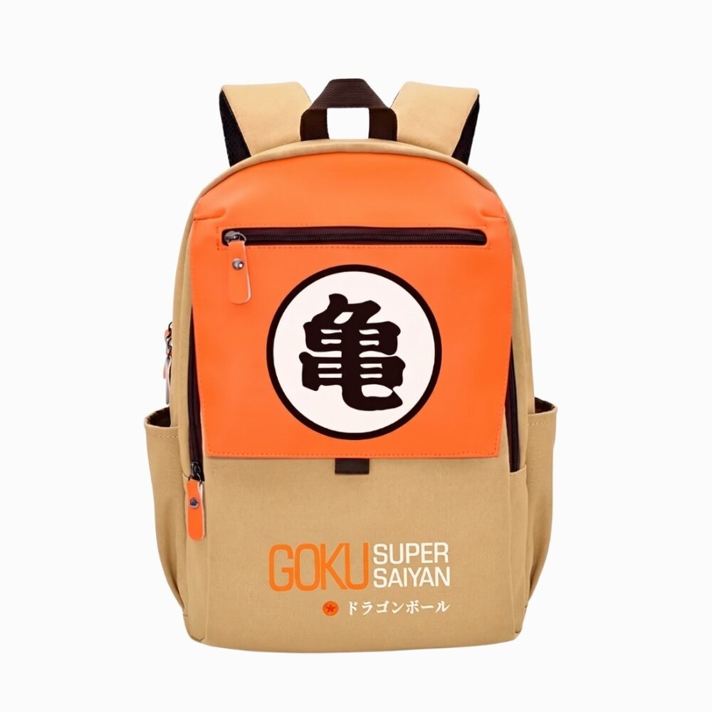 Un cartable Dragon Ball Z Goku Super Saiyan beige et orange, avec le symbole de Goku, des poches zippées et des bretelles pour l’école.
