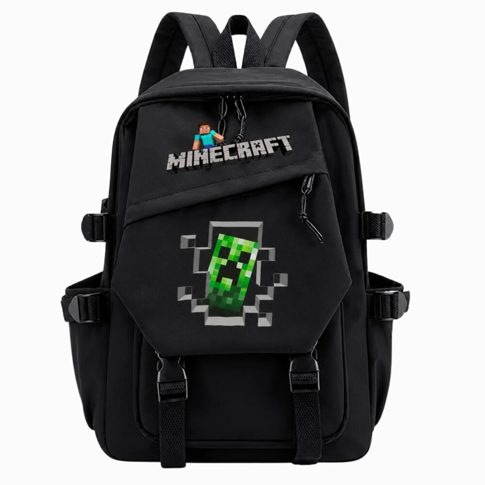 Un cartable Minecraft noir pour le collège, avec un grand logo Minecraft et un creeper vert sur le devant, posé sur fond blanc.