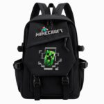 Un cartable Minecraft noir pour le collège, avec un grand logo Minecraft et un creeper vert sur le devant, posé sur fond blanc.