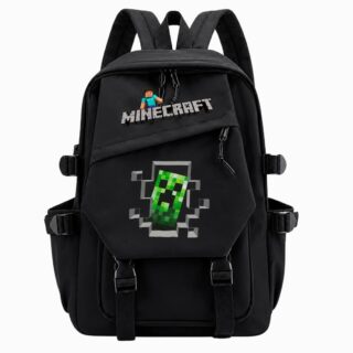 Un cartable Minecraft noir pour le collège, avec un grand logo Minecraft et un creeper vert sur le devant, posé sur fond blanc.