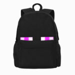 Un cartable Minecraft noir Enderman avec de grands yeux violets, sur fond blanc.