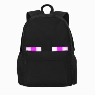 Un cartable Minecraft noir Enderman avec de grands yeux violets, sur fond blanc.