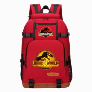 Un cartable Jurassic World à grande capacité rouge avec bretelles noires, poche avant et logos de dinosaures, posé sur fond blanc.
