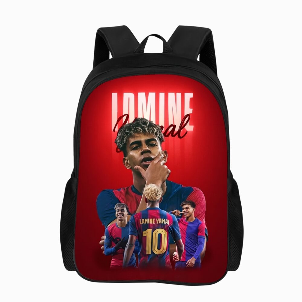 Un cartable football Lamine Yamal noir et rouge avec l’image d’un jeune footballeur en tenue, sur fond blanc.