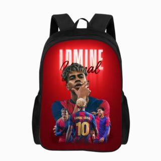 Un cartable football Lamine Yamal noir et rouge avec l’image d’un jeune footballeur en tenue, sur fond blanc.