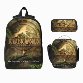 Un cartable Jurassic World avec trousse et sac repas, imprimé avec un dinosaure, posé sur fond blanc.