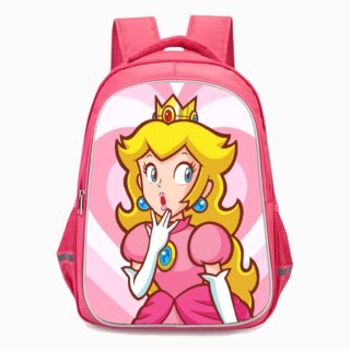 Un cartable Mario avec imprimé de la princesse Peach rose, avec un grand dessin de Peach surprise sur le devant.