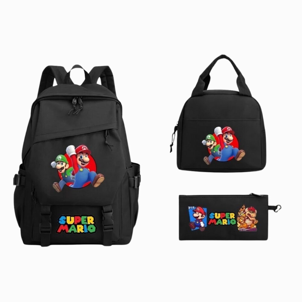 Un cartable Super Mario et Luigi avec trousse et sac repas noir, avec un sac à dos, une petite sacoche repas et une trousse assortis, décorés de Mario et Luigi.