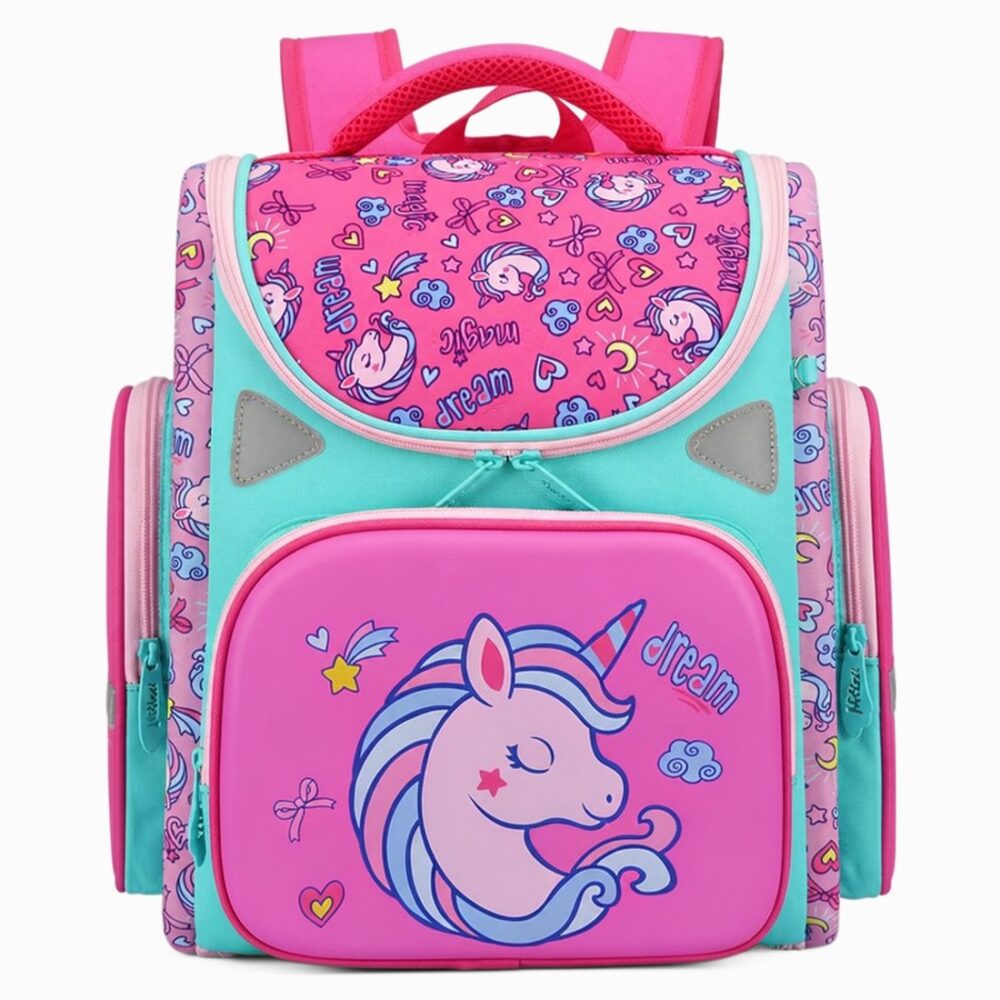 Un cartable ergonomique décoré au motif licorne pour tous rose et turquoise, avec une grande poche avant et des bretelles rembourrées, sur fond clair.