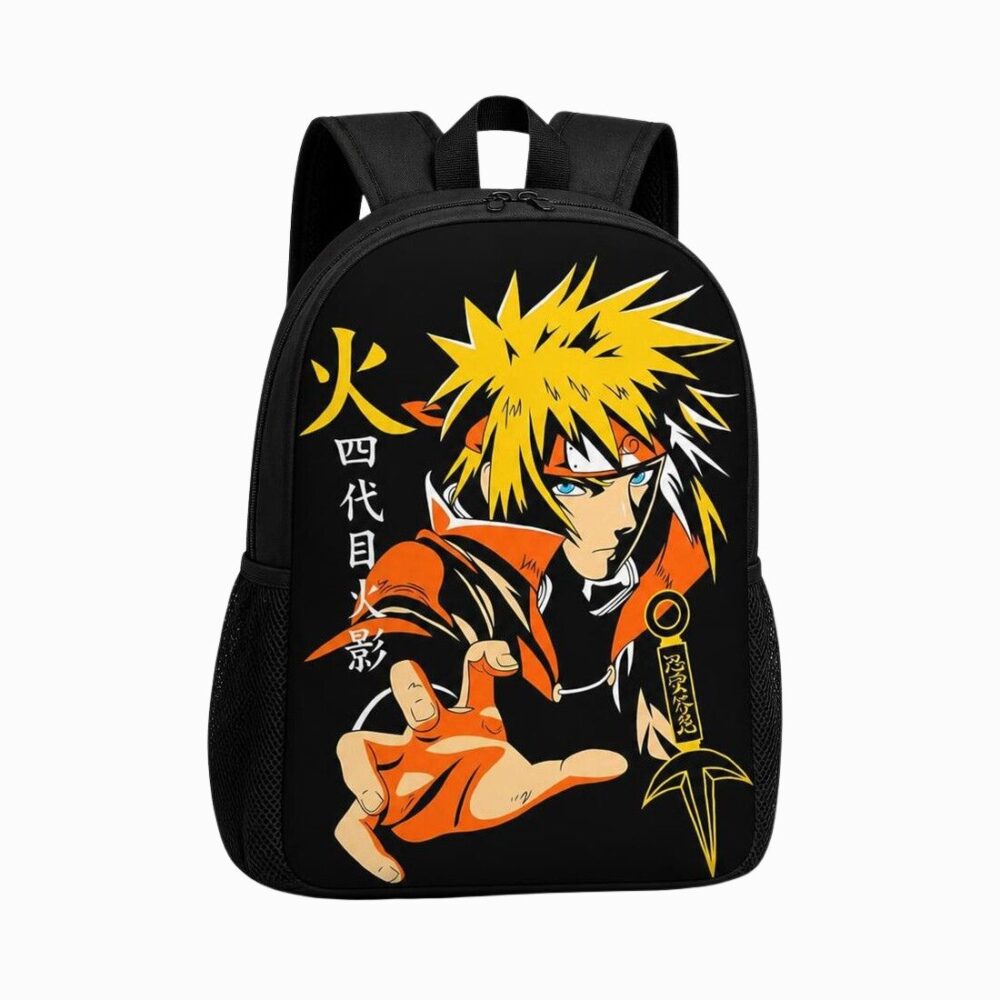 Un cartable Naruto à imprimé représentant Minato noir, avec le personnage blond en tenue orange sur fond noir.