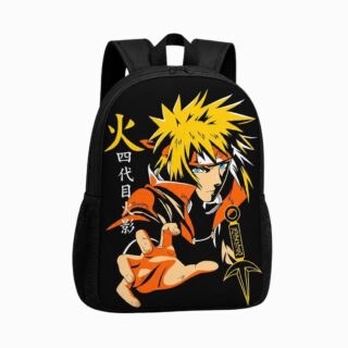 Un cartable Naruto à imprimé représentant Minato noir, avec le personnage blond en tenue orange sur fond noir.