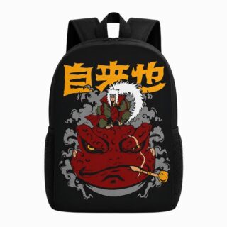 Un cartable Naruto Jiraya et Gamabunta noir avec Jiraya assis sur la tête du grand crapaud rouge, sur fond blanc.