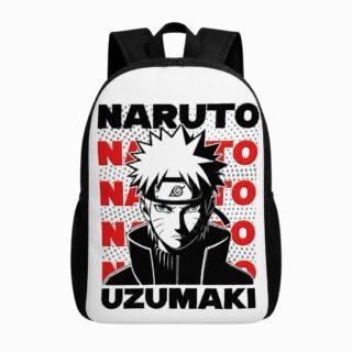 Un cartable Naruto Uzumaki noir et blanc avec le visage du héros Naruto, sur fond blanc.