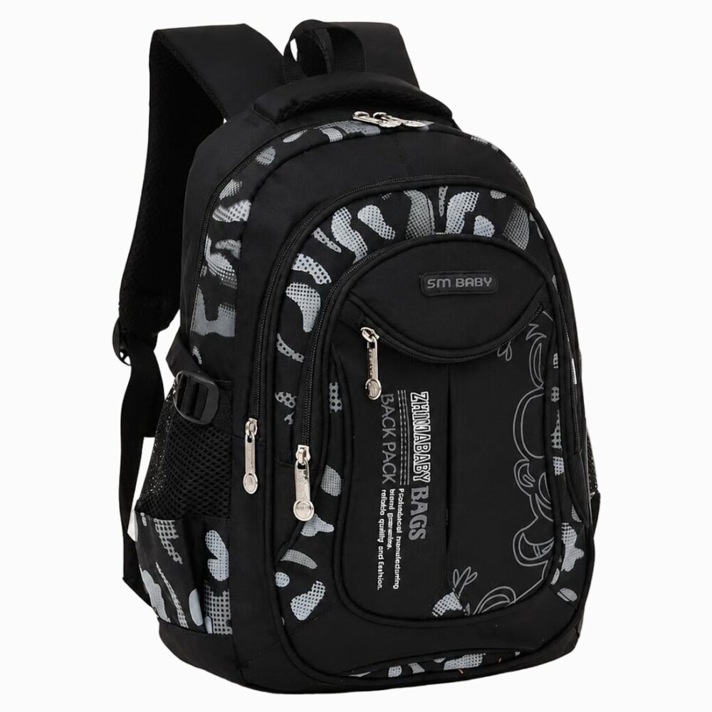 Un cartable ergonomique étanche pour écolier au dos protégé noir avec bretelles rembourrées, poches zippées et bandes réfléchissantes.