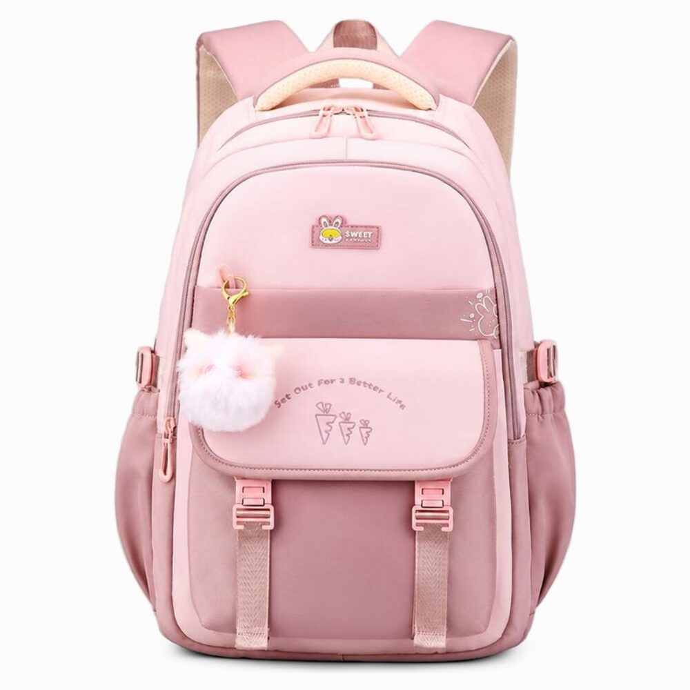 Un cartable ergonomique en Oxford imperméable à grande capacité rose, avec bretelles rembourrées, poche avant et petit pompon, sur fond blanc.