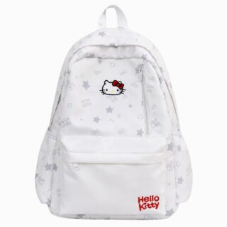 Un cartable Hello Kitty kawaii et minimaliste blanc avec des étoiles grises, une petite tête de Hello Kitty au centre et une poche avant zippée.