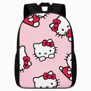 Un cartable Hello Kitty mignon et tendance rose, avec des dessins de Hello Kitty et des bretelles noires, posé sur fond blanc.