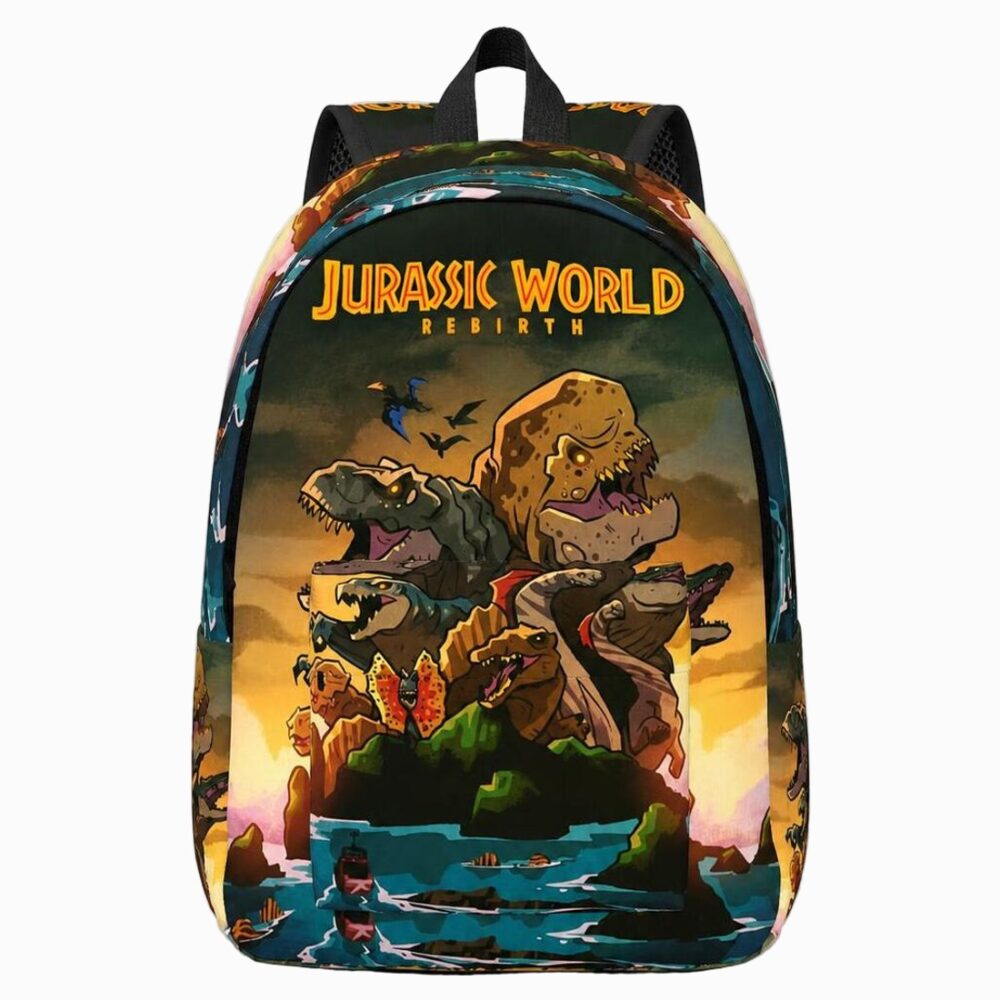 Un cartable Jurassic World style dessin pour école primaire avec des dinosaures colorés sur le devant, des bretelles noires et un fond blanc.