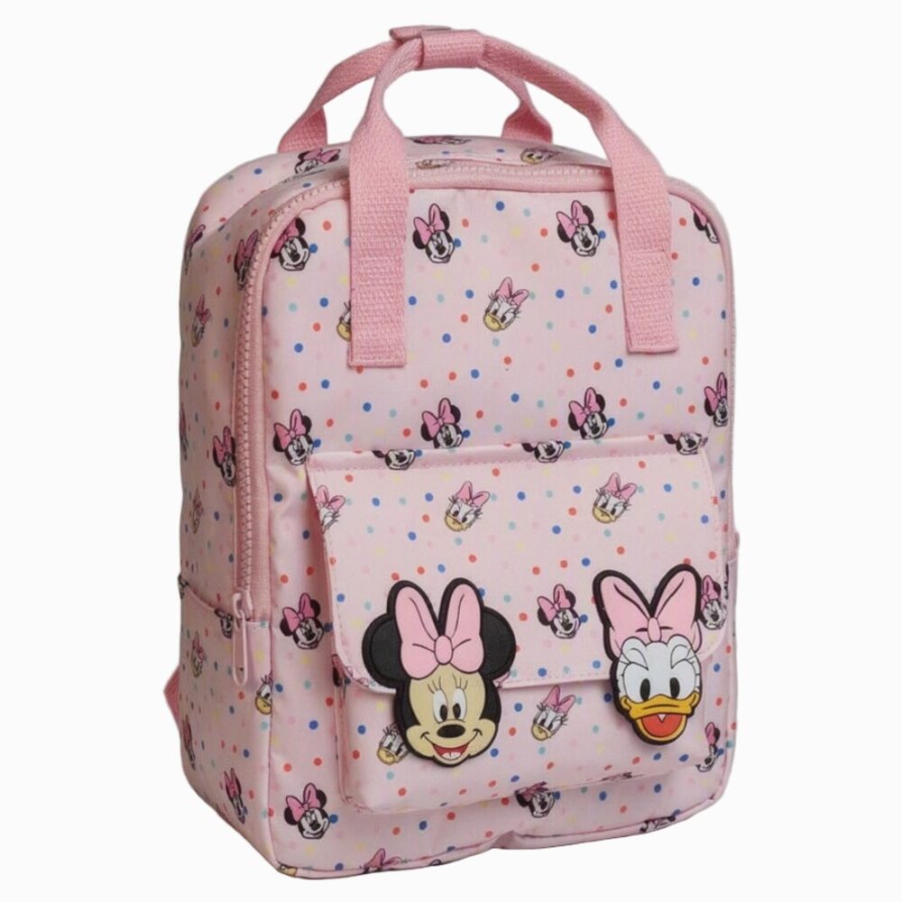 Un cartable Minnie et Daisy pour école maternelle rose à pois, avec anses et poche avant, décoré des visages de Minnie et Daisy.