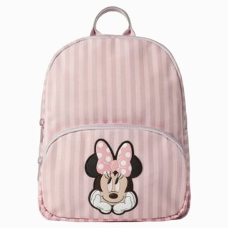 Un cartable Minnie pour école maternelle rose à rayures, avec le visage de Minnie et un grand nœud à pois, posé sur fond blanc.