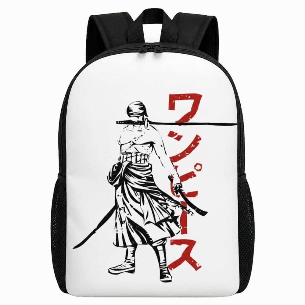 Un cartable One Piece Roronoa Zoro noir et blanc avec le dessin du personnage tenant des sabres, sur fond blanc.
